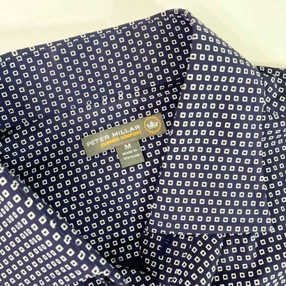 Peter Millar Button Up Shirt Mens Medium Navy White Geometric Long Sleeves - Picture 6 of 12